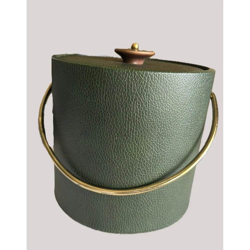 Vintage MCM Retro Ice Bucket Olive Green Faux Leather Gold Tone Barware 7.5in